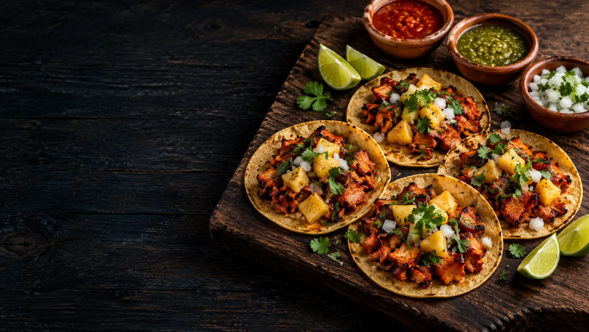 Tacos al pastor sobre una tabla de madera con salsas y limones